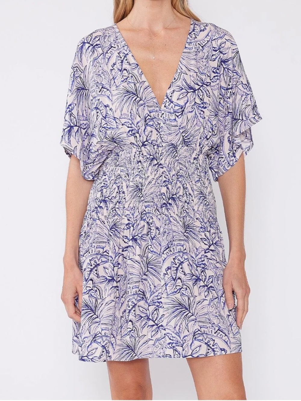 Lovestitch Printed Smocked Mini Dress L Boho  |V-Neck Flutter Sleeve